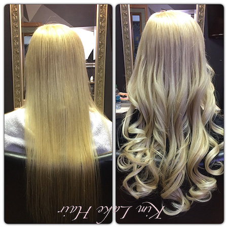 Before and After Hair Extensions on blond hair.