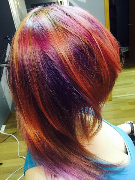 Purple, orange, and red hair color