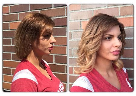 Before and after hair extension pictures on Elana after bad color broke her hair off.